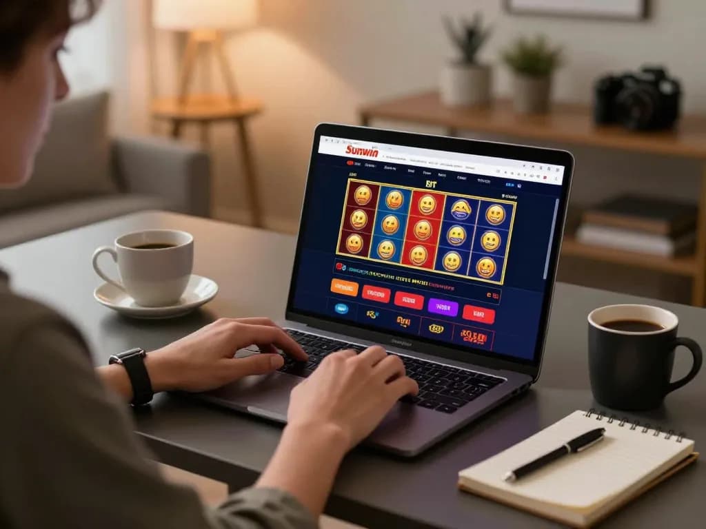 Play slots and poker on the Sunwin platform, showcasing a cozy online gambling setup with strategic notes.
