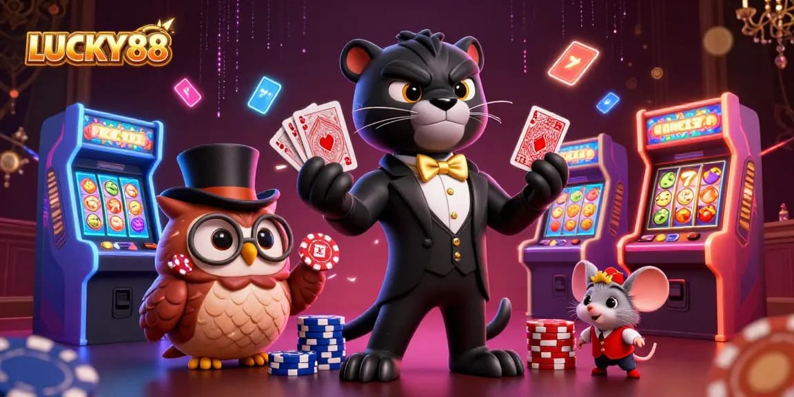 LUCKY88 slot experience with a panther dealer, owl with chips, and a lucky mouse in a dynamic casino scene.