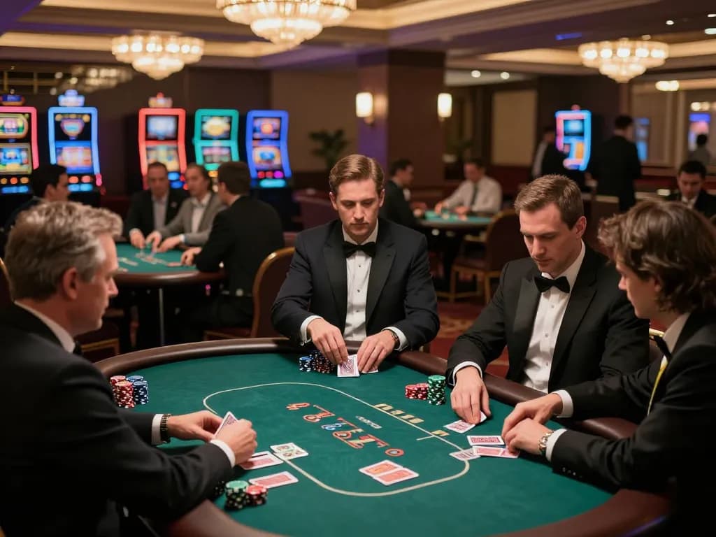 Players engage passionately in poker at 8eee casino, showcasing strategic gameplay under warm ambient lights.