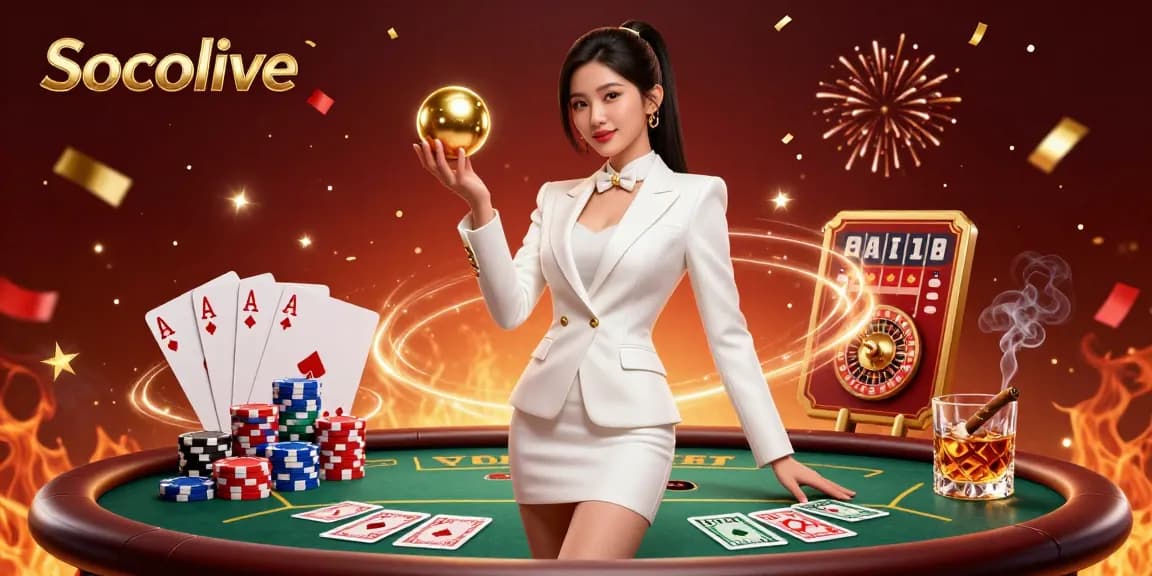 Socolive delivers an exciting gaming experience with dynamic poker elements, showcasing a confident Asian woman capturing the essence of high-stakes gambling.
