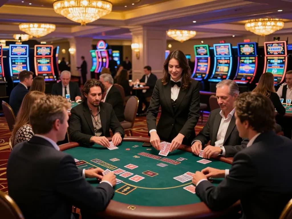 Players enjoying a thrilling blackjack game at 92slot casino, illuminated by warm lighting
