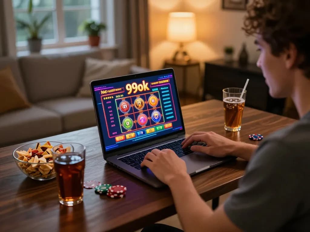 Player engaged with 99ok online casino on laptop, showcasing an exciting gaming moment at home.