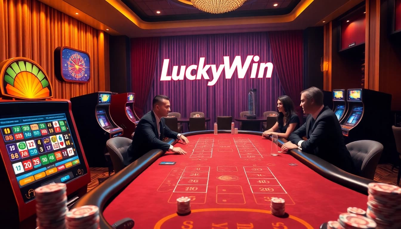 Players enjoying thrilling games at LuckyWin casino, showcasing poker and slot machines.