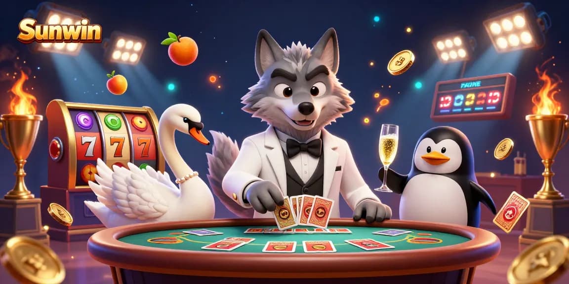 Engage with Sunwin's thrilling gaming experience at an elegant casino table featuring a wolf, swan, and penguin.