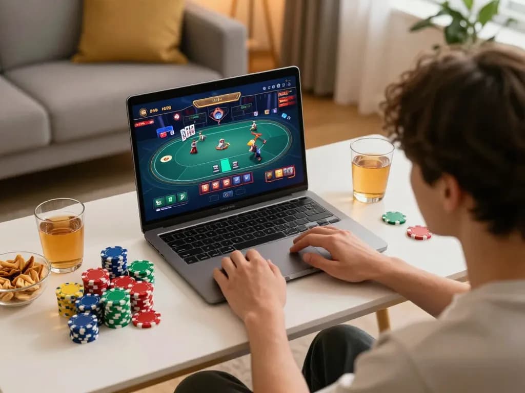 Engaged player strategizing in an online poker game on bl555r with colorful chips stacked around.