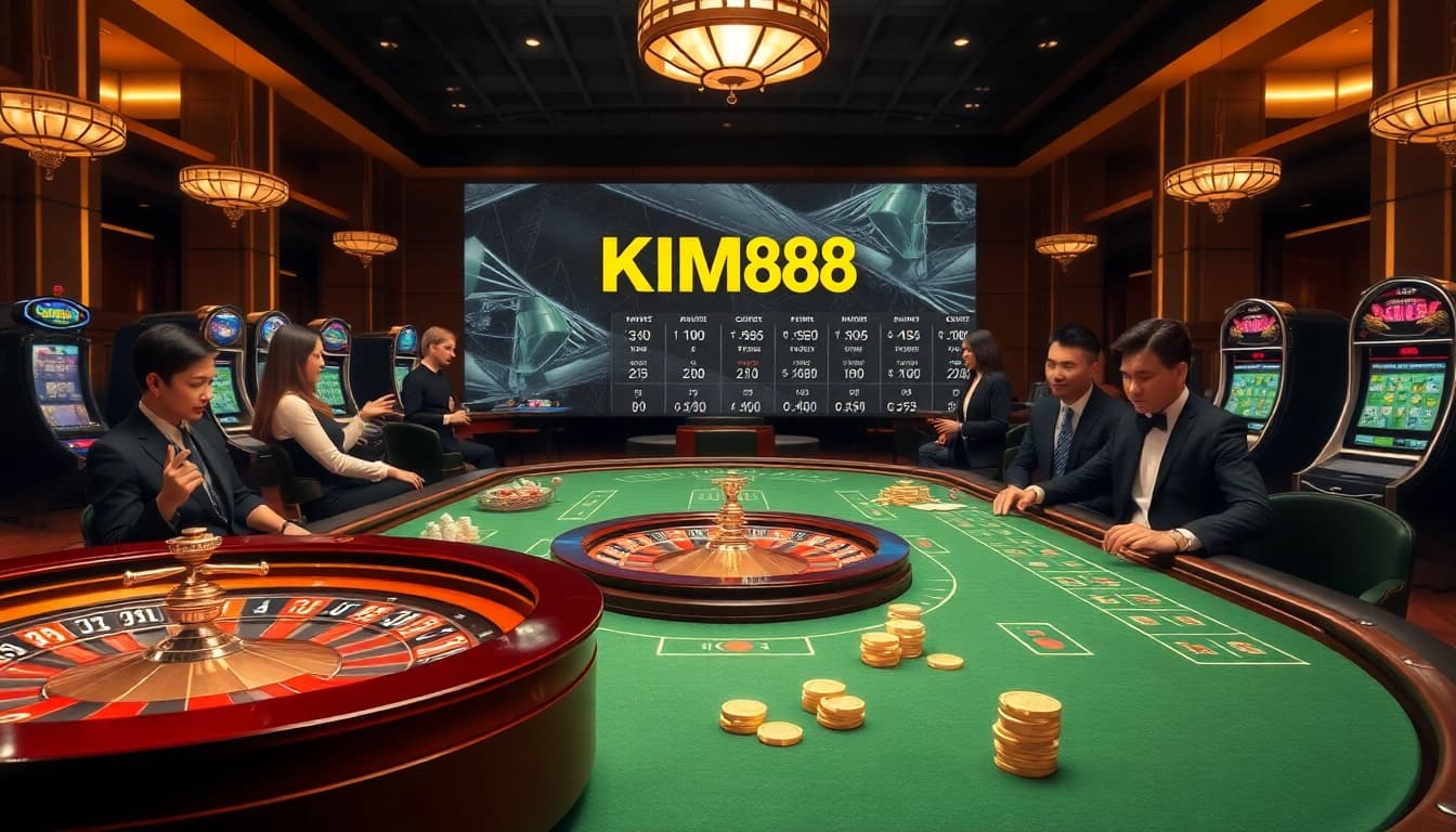 KIM88's exciting casino environment showcasing vibrant roulette and poker action with live players.