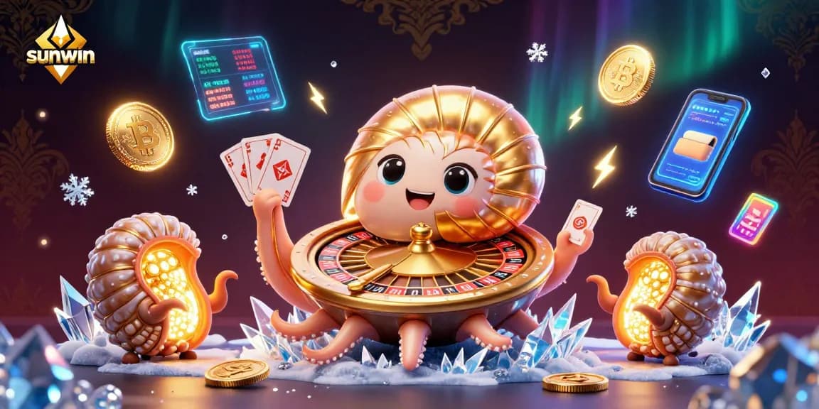 Experience excitement at sunwin with a giant nautilus roulette wheel and glowing crypto coins.