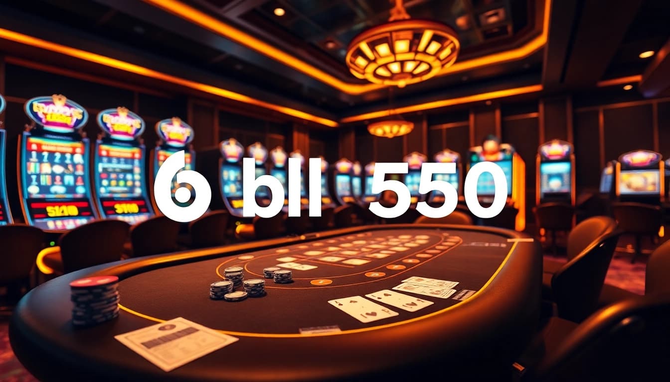 Màn hình bl555 đăng nhập hiển thị tại một bàn casino sang trọng với các máy slot đầy màu sắc ở nền