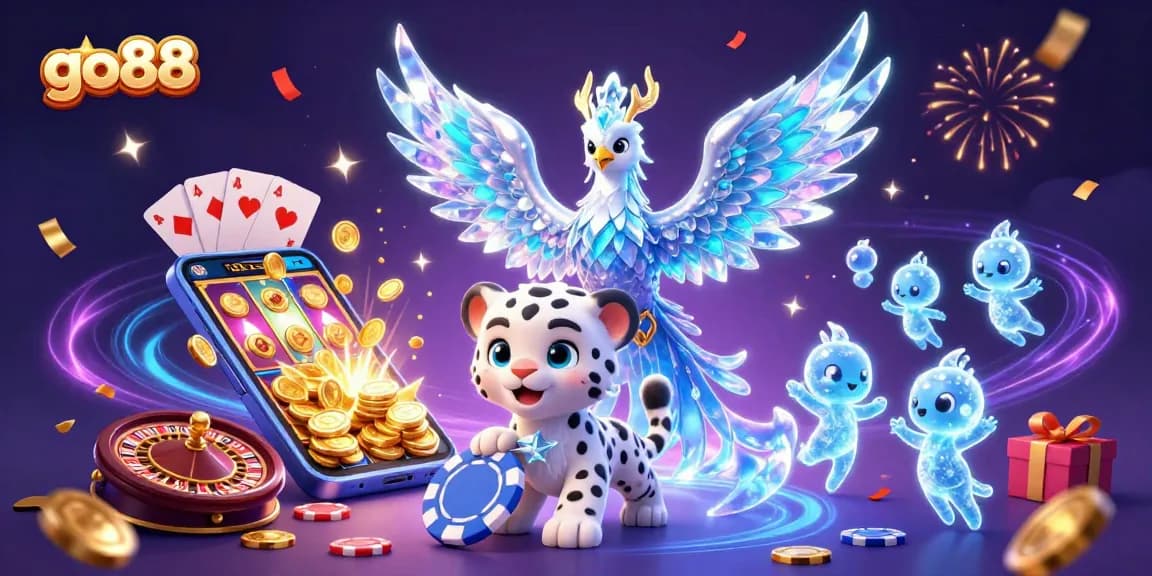 Experience thrilling casino adventures with go88, featuring a vibrant 3D scene of games and characters.