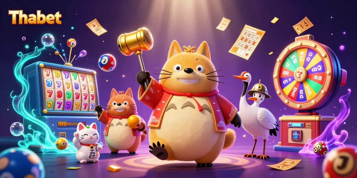Engage in thrilling gameplay at Thabet with a festive scene showcasing vibrant slots, dynamic lottery elements, and cheerful characters.