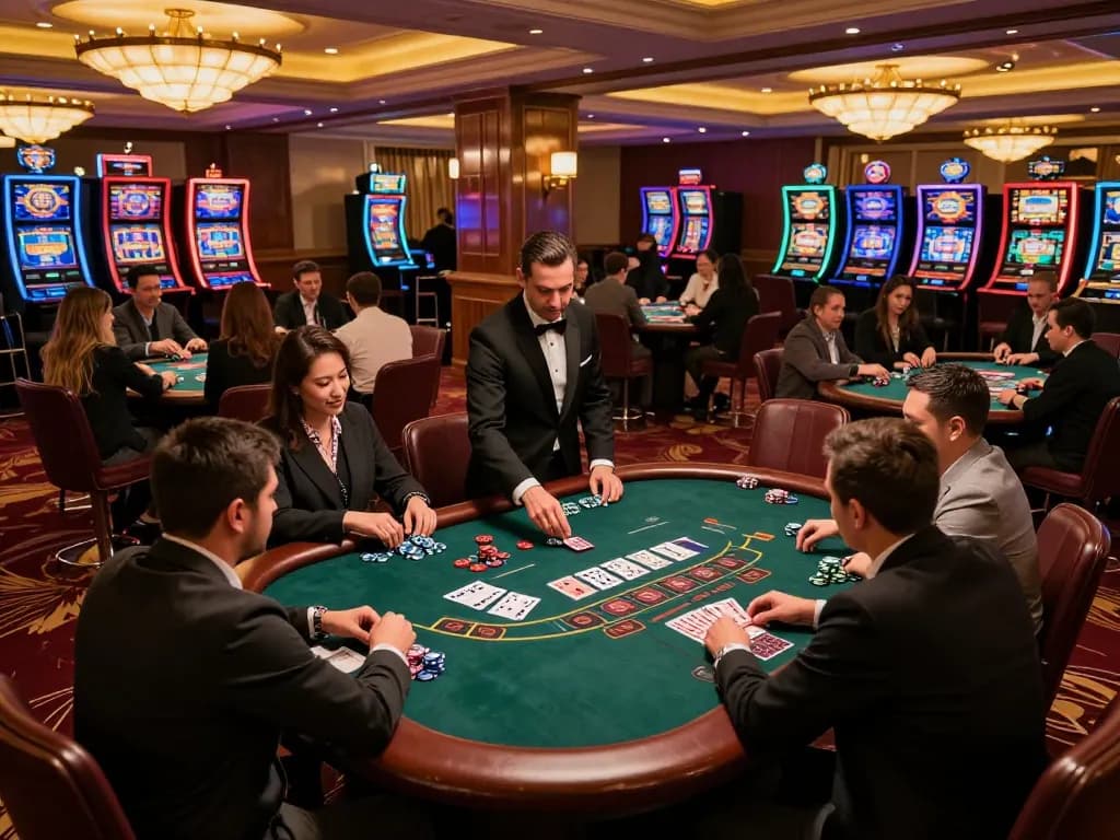 Players at the blackjack table strategizing their bets in an upscale casino environment featuring HM88 games.