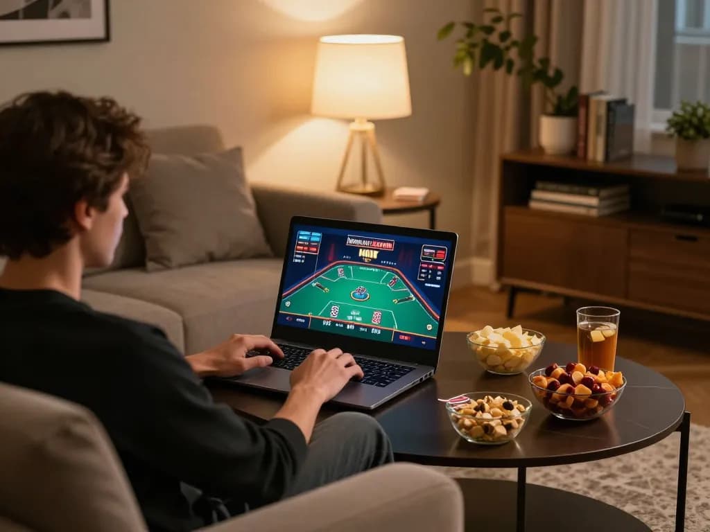 Engaged player using 23Win for online gaming on a cozy sofa at home
