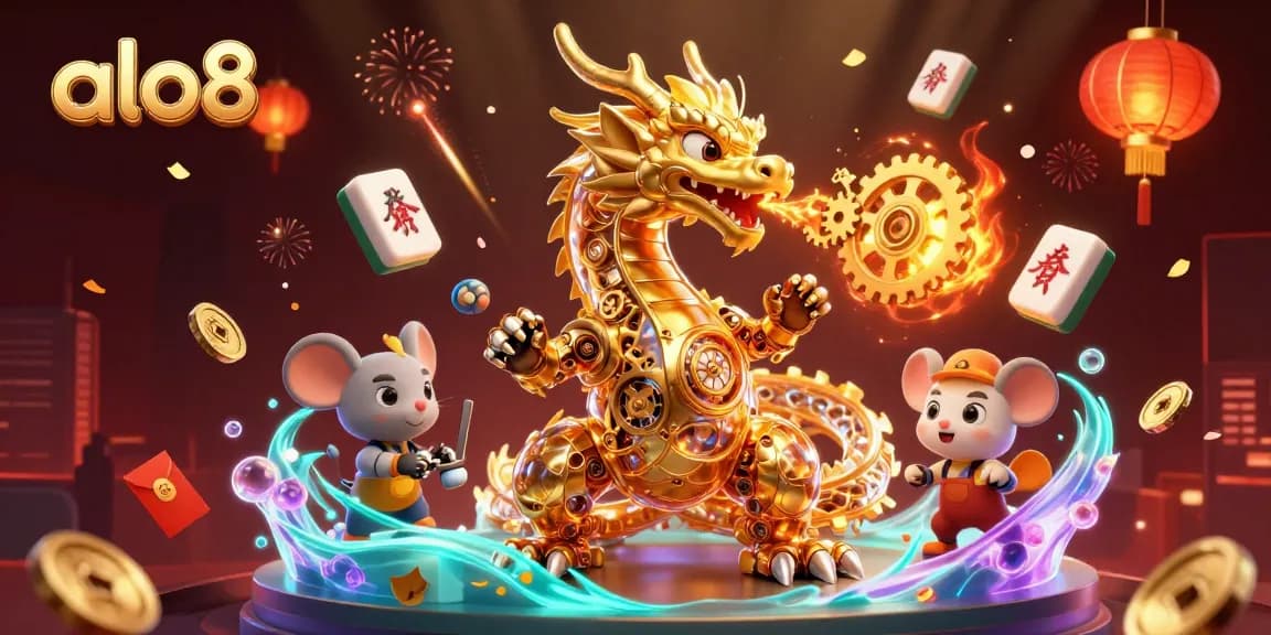 Engage with alo8’s exhilarating gaming scene featuring a biomechanical dragon amidst vibrant casino elements.