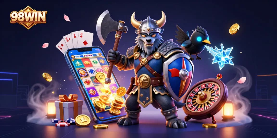 Engage with exciting 98WIN slot games featuring Viking warriors, dragons, and glowing cards.