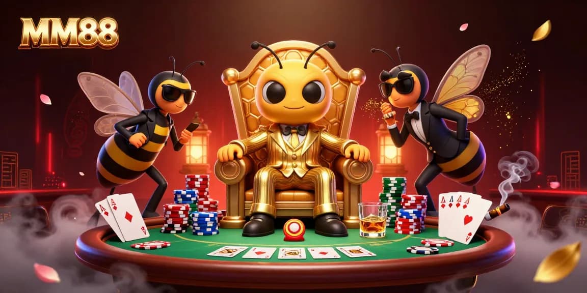 Experience thrilling gameplay at MM88 with a 3D cartoon bumblebee mob boss amidst a vibrant gambling scene.