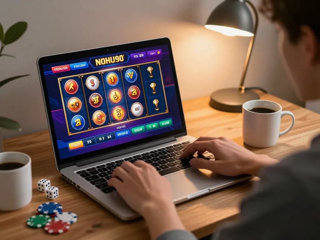 Engaging in strategic gameplay on NOHU90 during a cozy online casino session at home.