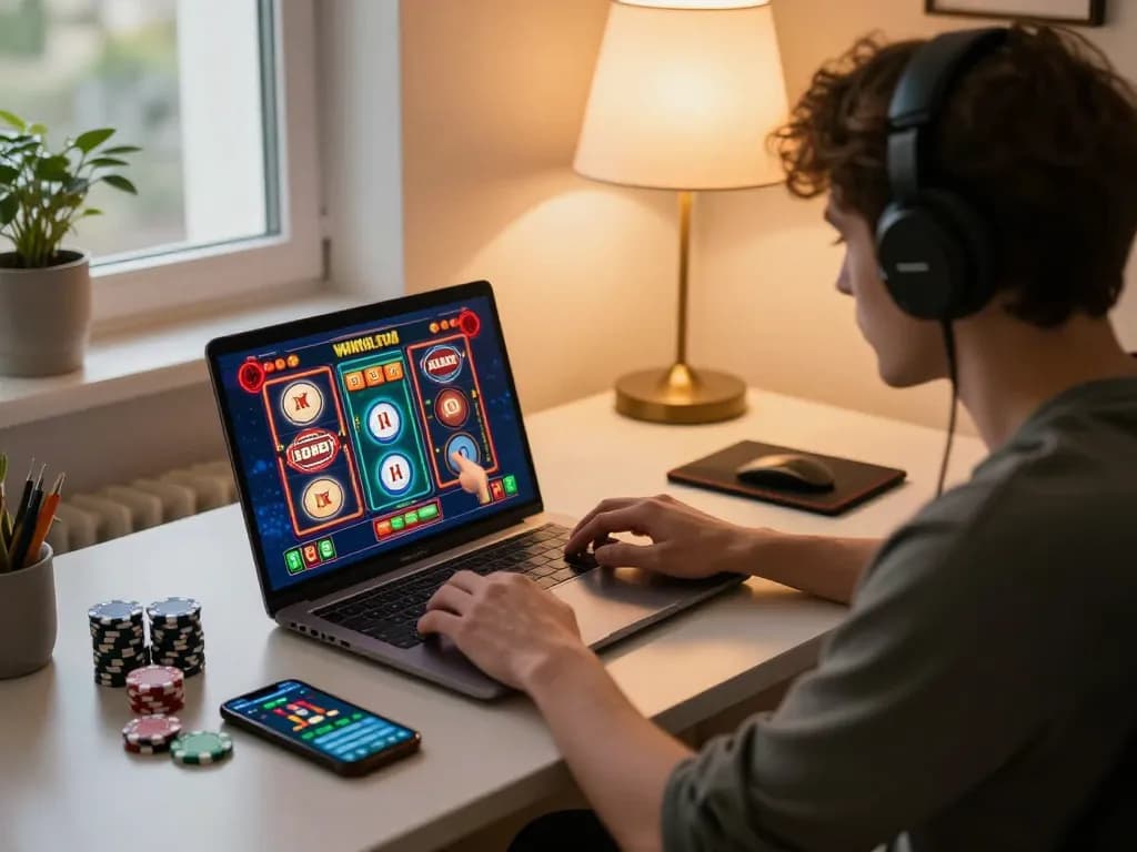 Player spinning the reels on a slot gacor game during an online casino session in a cozy home environment.