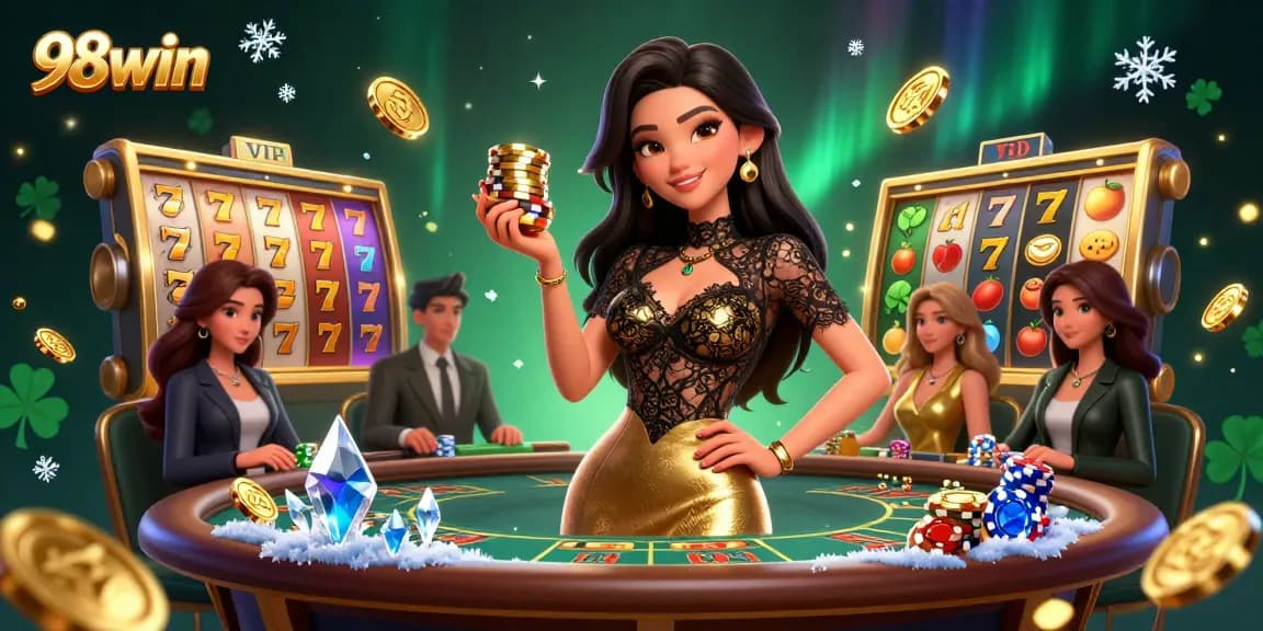 Experience winning moments with 98win at a VIP baccarat table, surrounded by exciting casino elements.