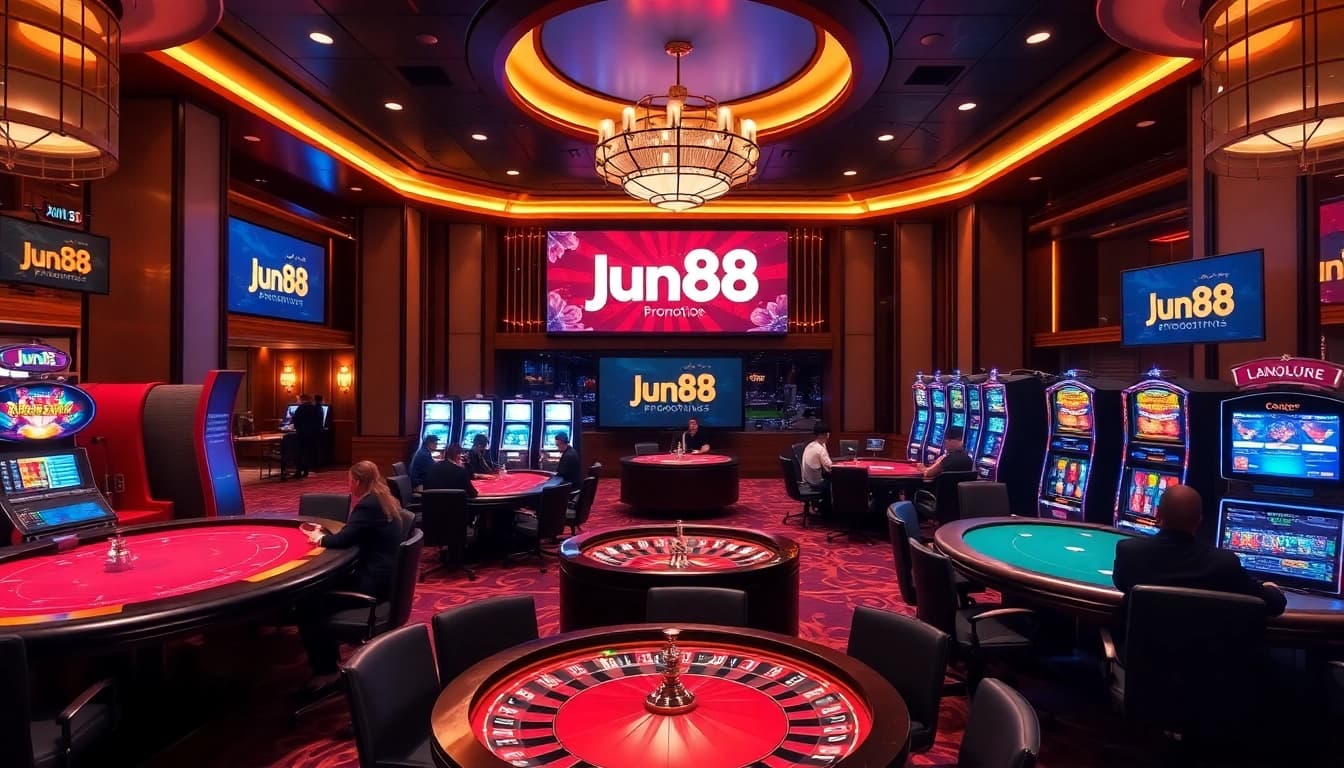 Experience exhilarating gaming at Jun88 with vibrant casino tables and slot machines.