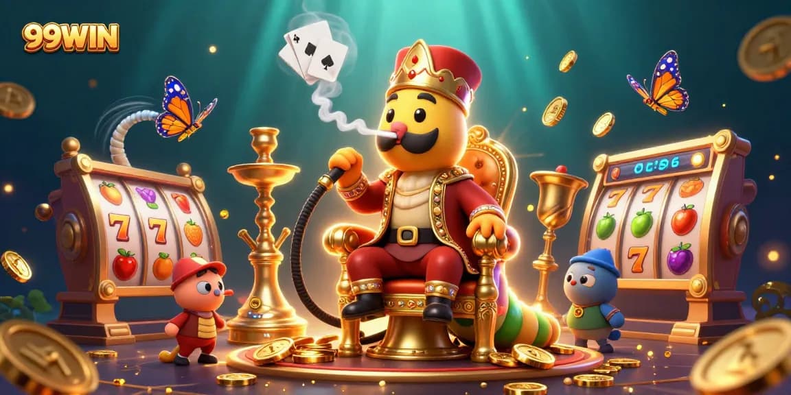Win big at 99WIN with vibrant casino games, featuring dynamic slot reels and playful characters.