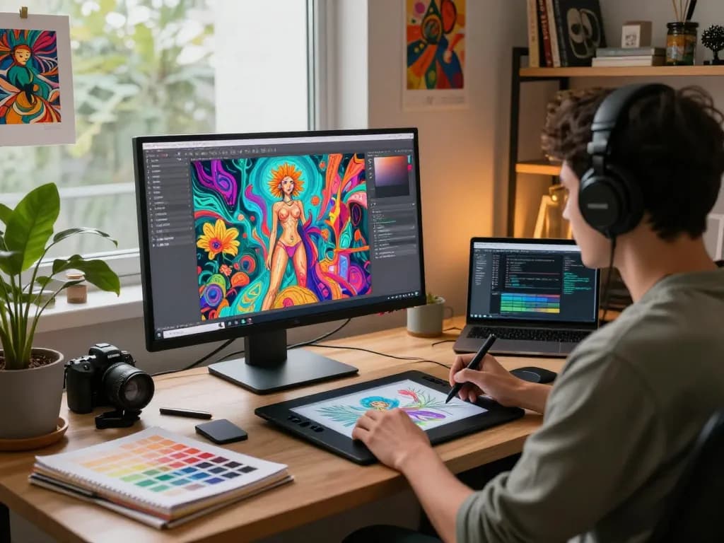 Artist creating AI porn visuals at a digital workstation with vibrant colors and intricate designs.
