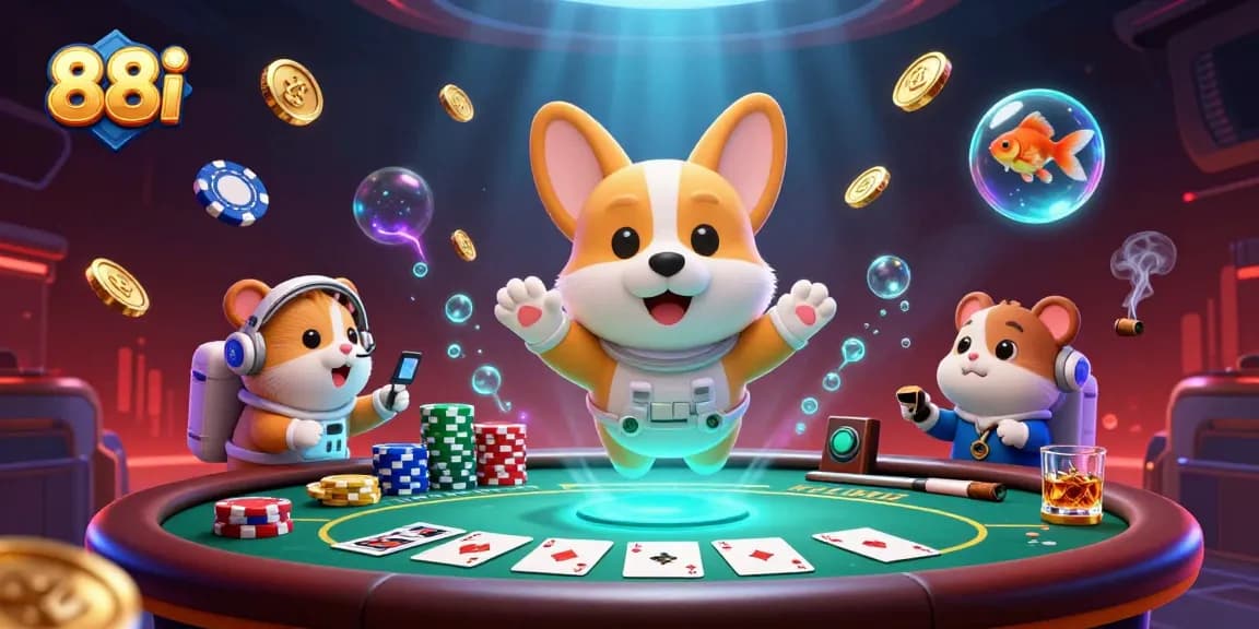 Engage with 88i's dynamic casino gaming scene featuring a floating astronaut corgi and poker elements.