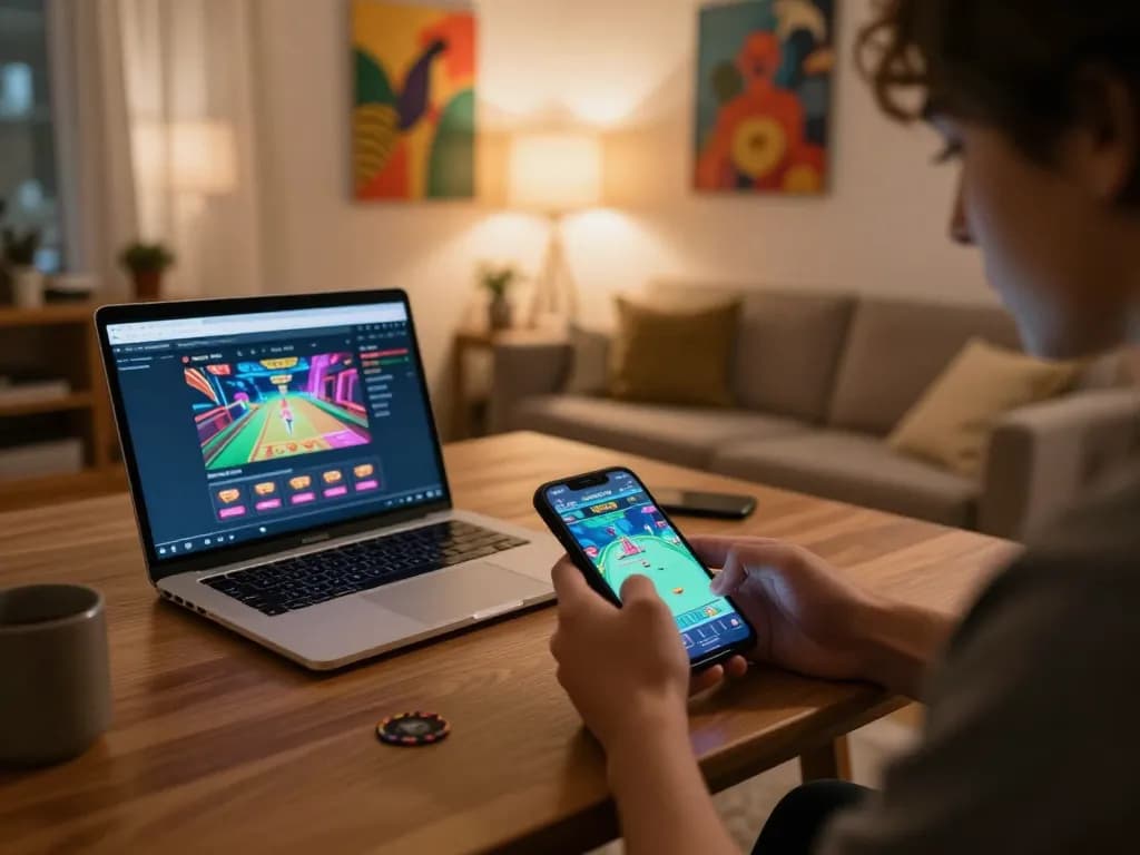 Engaging in mobile gaming at home with the online platform https://mm88.se.net/ on the smartphone screen.