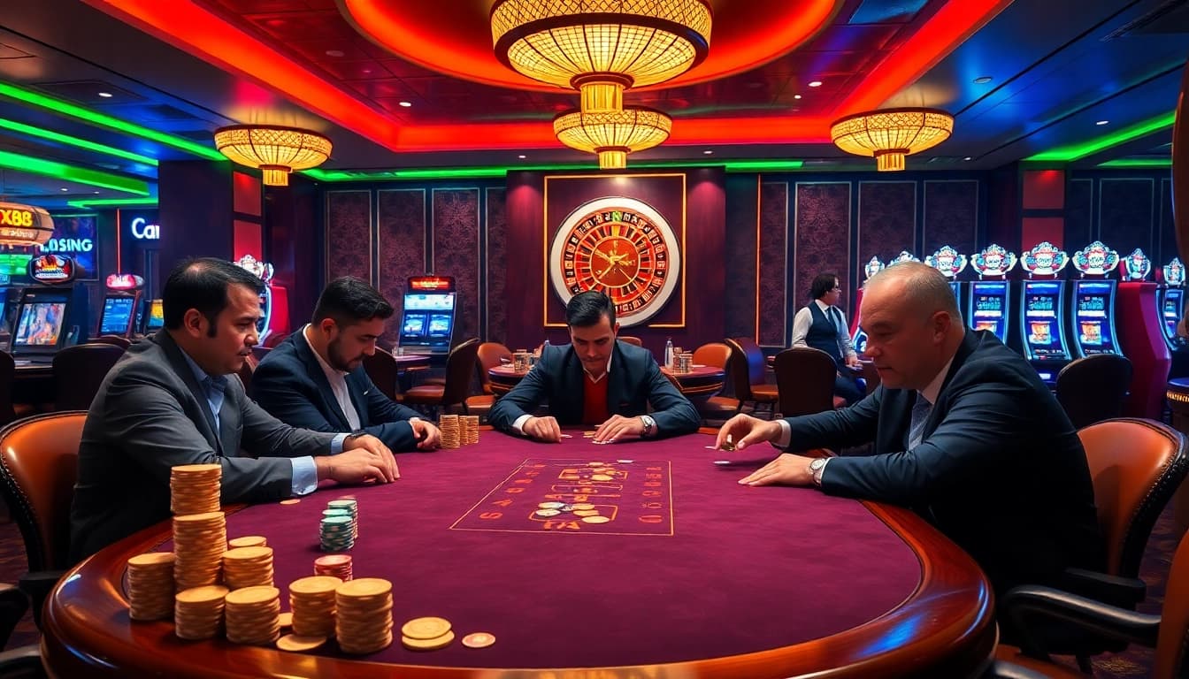 Engaging poker players at Nhà cái X88 casino table with colorful chips and vibrant atmosphere.
