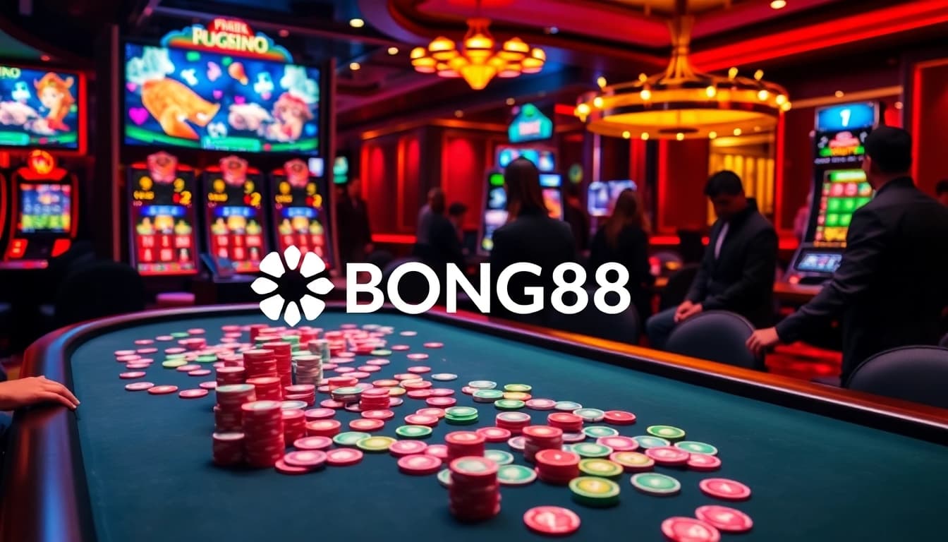 Experience the excitement of BONG88 with vibrant casino visuals of poker and slots.