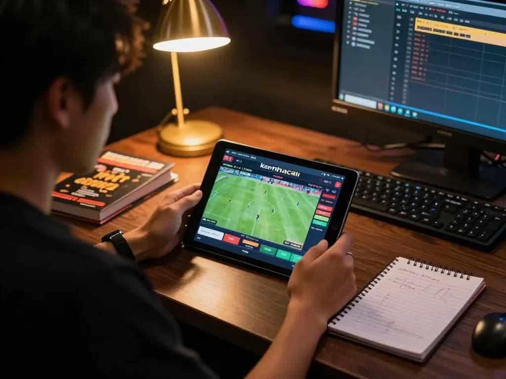 A gambler reviewing keonhacai odds on a tablet, showcasing strategic betting in action.