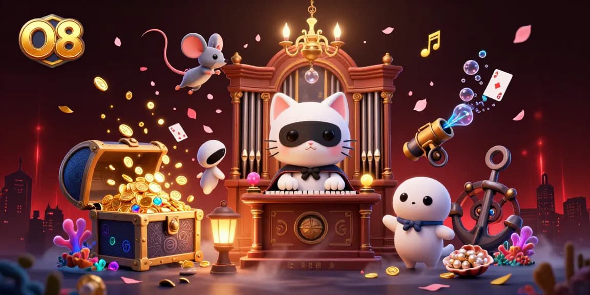 Experience the enchanting O8 casino atmosphere with this dynamic 3D illustration of gaming fun, featuring a masked cat and acrobat.