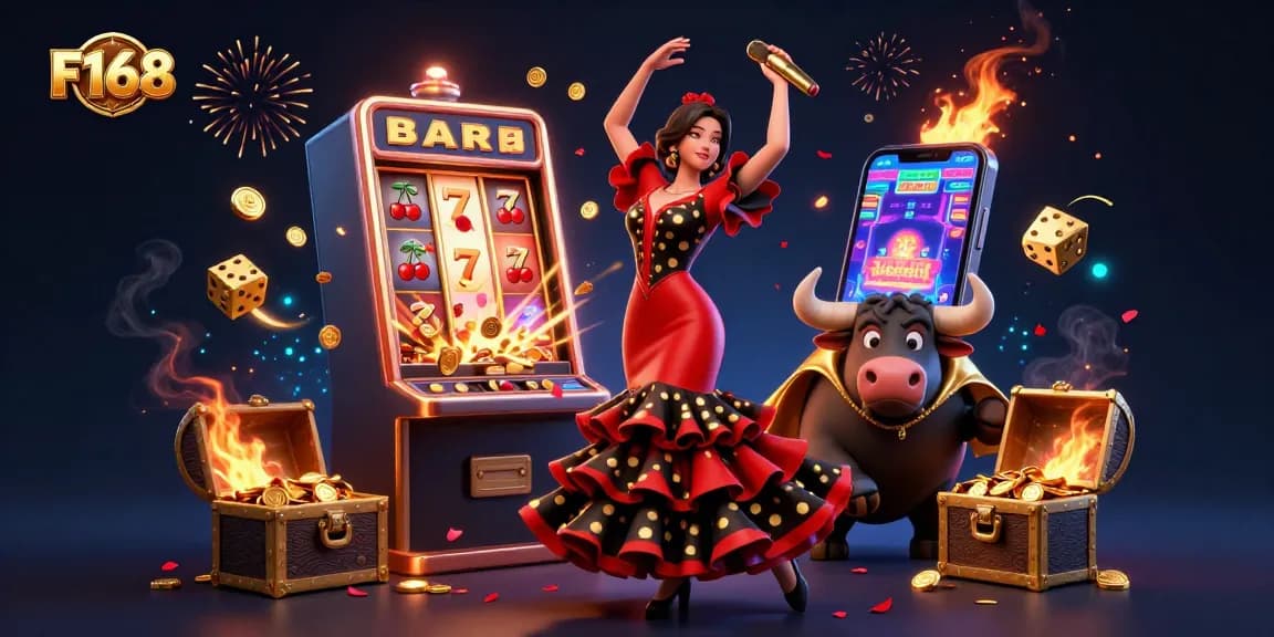 F168 brings excitement with a vibrant digital casino scene featuring a dancing flamenco woman, jackpot slot machine and golden bull.