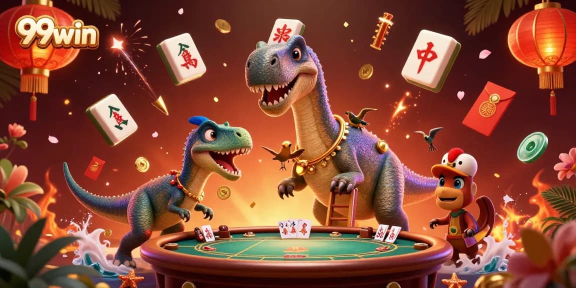 Engage with 99win's vibrant casino world, featuring a playful brontosaurus and clever raptor dealing cards.