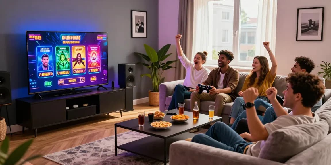 Exciting non UK casino gaming session with friends in a lively living room setting