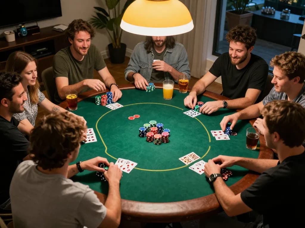 Players enjoying a lively poker game at home, showcasing LLWIN's approach to social gambling.