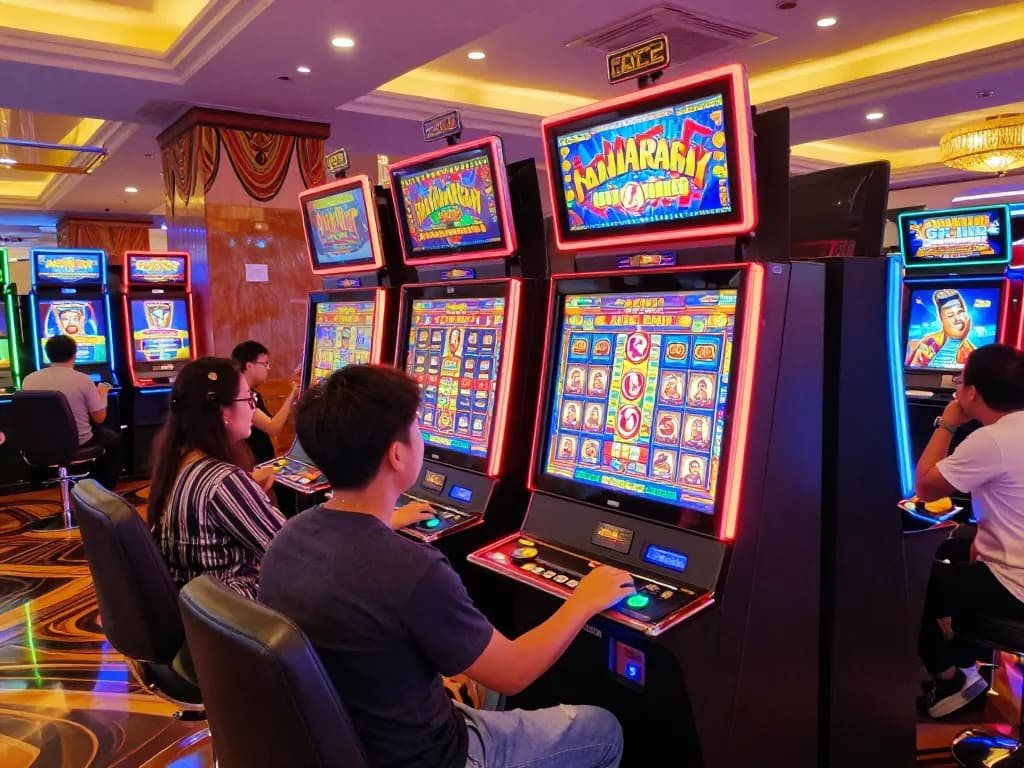 Players enjoying Slot Malaysia machines with colorful displays in a lively casino atmosphere