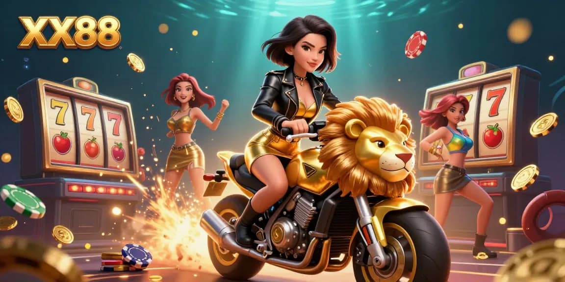 Engage in thrilling slots at XX88 with a stylish woman riding a golden lion amidst vivid casino elements.
