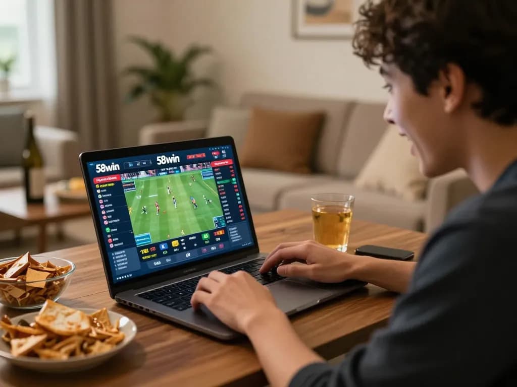 Engaged in online sports betting on 58win, focused on live match odds with excitement.