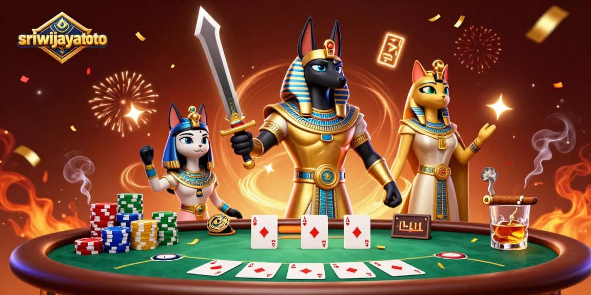 Engage with sriwijayatoto's vibrant casino world featuring Anubis and Bastet at a poker table.