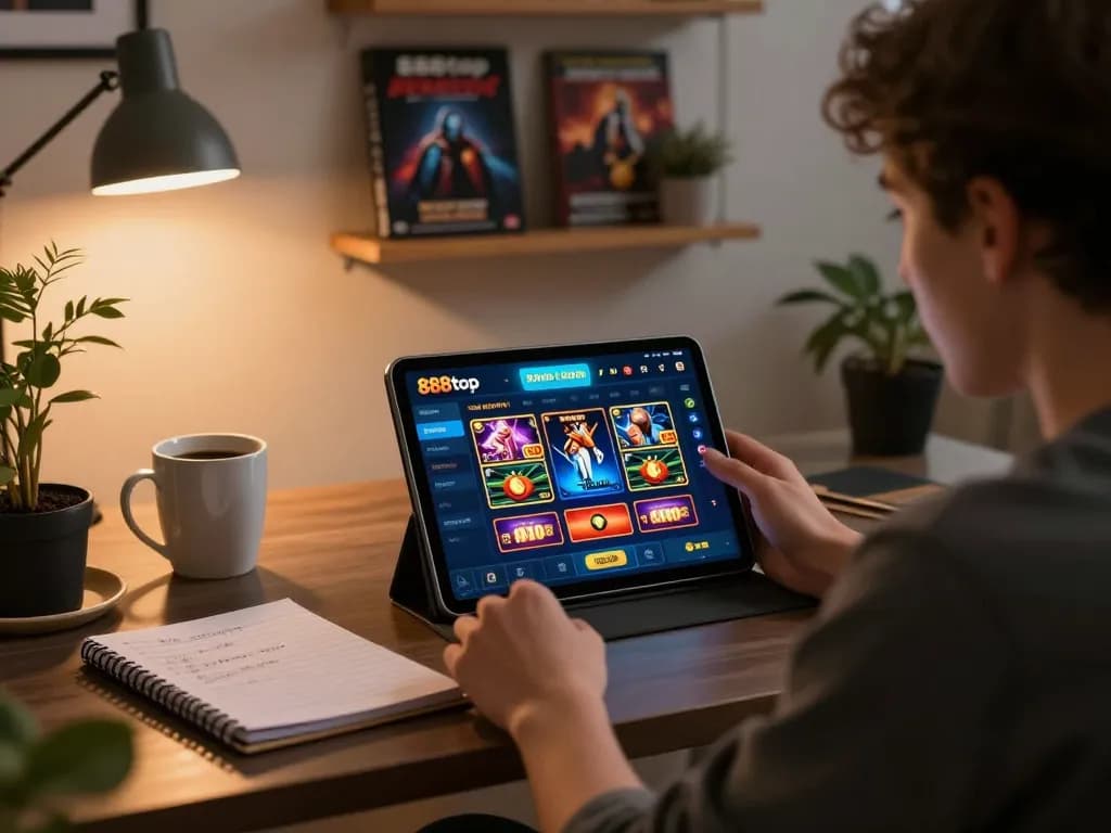 Engaged user playing 888top casino app on tablet in a cozy home setting.