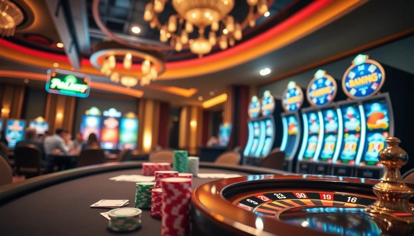 Engage in thrilling gambling action at https://lu88y.com/ with vibrant poker chips and roulette wheels.
