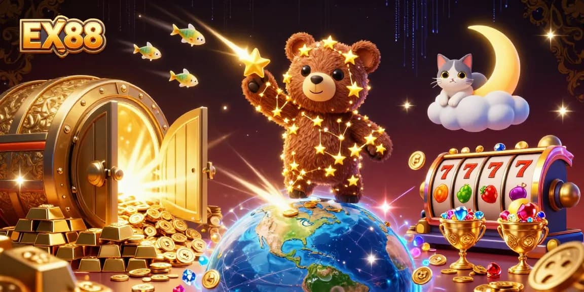 EX88 showcases a vibrant 3D casino scene with a golden constellation bear and slot elements.