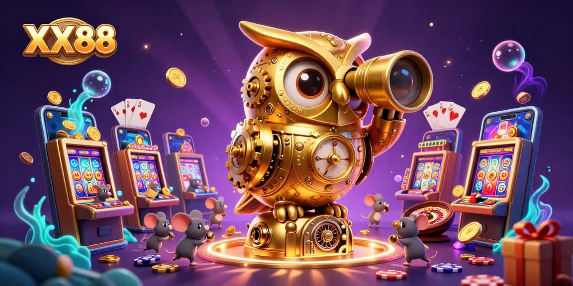 Engage with the vibrant XX 88 casino scene featuring a golden owl, casino games, and dynamic elements.