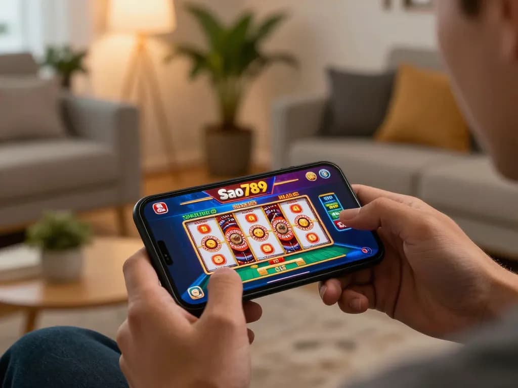 Sao789 player enjoying engaging mobile gambling experience with smartphone in a cozy home setting