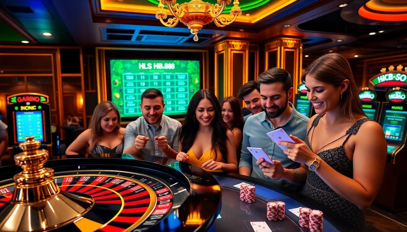 Excited gamblers enjoying HB88's digital gaming experience with roulette and poker games.