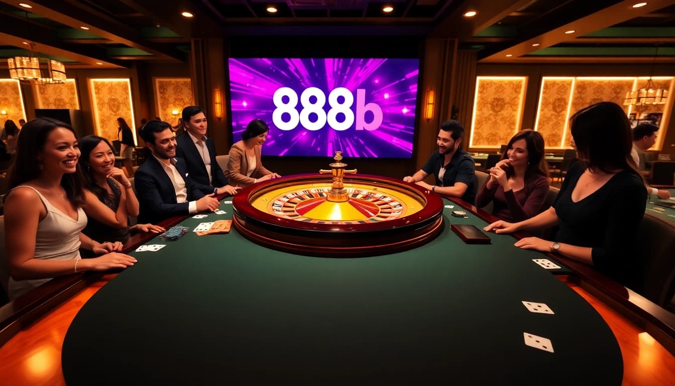 Exciting casino atmosphere featuring 888b branding with roulette and poker elements.