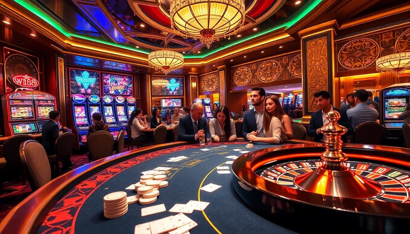 Experience the excitement at W188's luxurious casino, showcasing vibrant games and thrilled players.