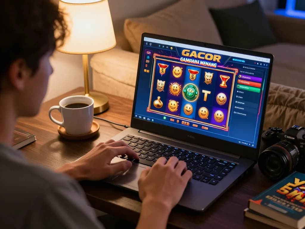 Pemain terlibat dalam permainan slot gacor gampang menang di laptop dalam suasana rumah yang nyaman