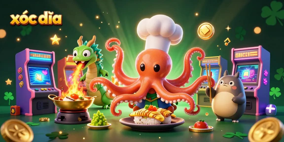 Experience thrilling xóc đĩa action with an octopus chef and vibrant game elements in a dynamic 3D scene.
