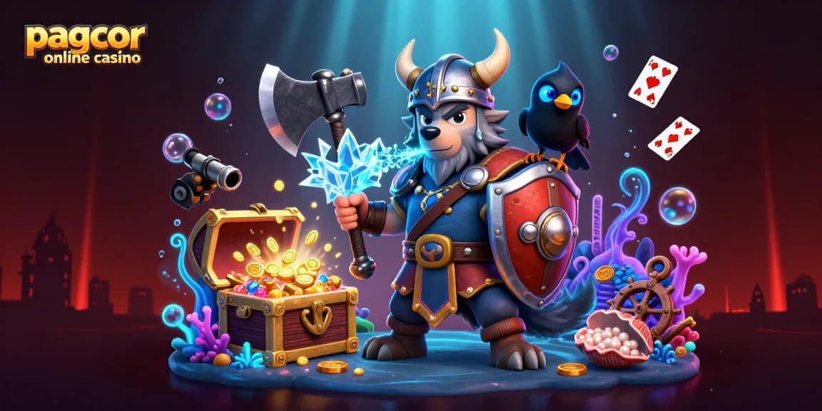 PAGCOR online casino illustration with Viking wolf warrior, dragon, and treasure in vibrant casino setting